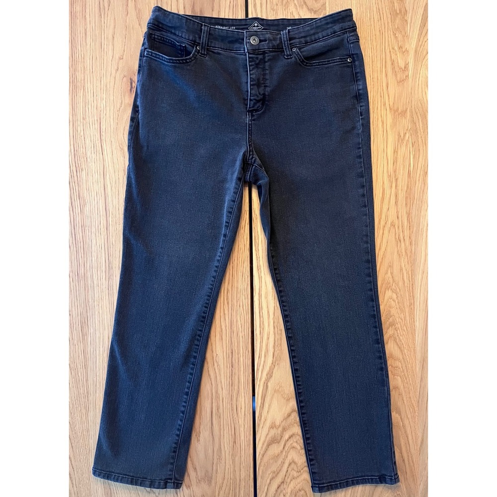St Johns Bay Womens Straight‎ Leg Jeans Black Denim Stretch Size 14S Short